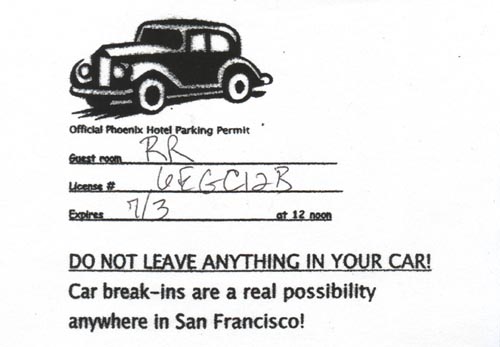 Parking Pass, Phoenix Hotel, 601 Eddy Street, Tenderloin, San Francisco, California