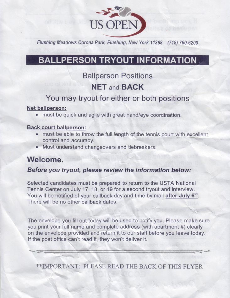 US Open Ballperson Tryout Information