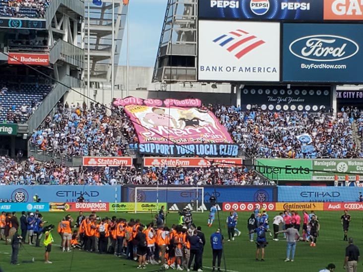 NYCFC Supporters' Section Don't Be Plastic Banner, Pregame, NYCFC vs. Inter Miami CF, Yankee Stadium, The Bronx, September 21, 2024