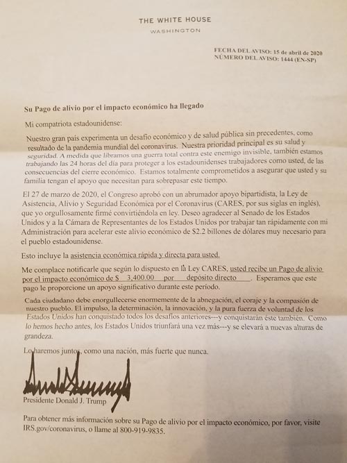 Donald Trump CARES Letter (Spanish), May 2, 2020