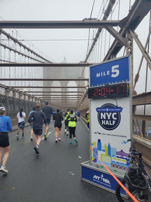 Mile 5 Marker, Brooklyn Bridge, 2025 United Airlines NYC Half Marathon, March 16, 2025