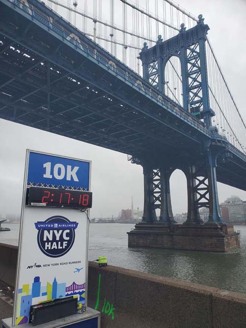 10K Marker, Manhattan Bridge From FDR Drive, Manhattan, 2025 United Airlines NYC Half Marathon, March 16, 2025