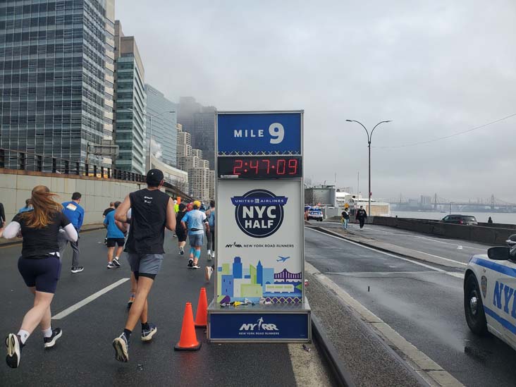 Mile 9 Marker, FDR Drive, Manhattan, 2025 United Airlines NYC Half Marathon, March 16, 2025