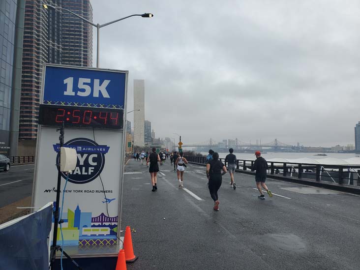 15K Marker, FDR Drive, Manhattan, 2025 United Airlines NYC Half Marathon, March 16, 2025