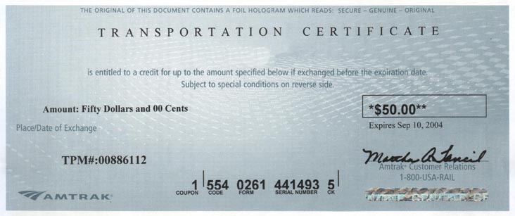 Amtrak Transportation Certificate