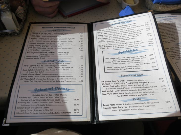 Menu, Sandbar & Grill, Municipal Wharf 2, Monterey, California