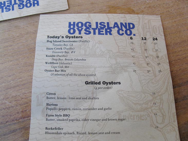 Menu, Hog Island Oyster Company Napa Oyster Bar, Oxbow Public Market, 610 First Street, Napa, California