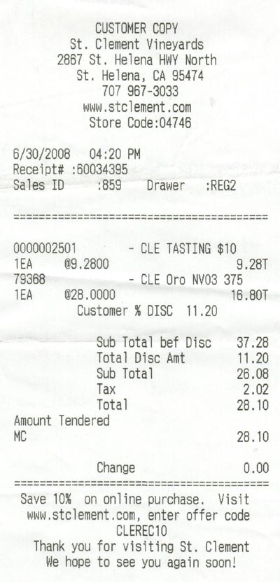 Receipt, St. Clement Vineyards, 2867 St. Helena Highway North, St. Helena, California