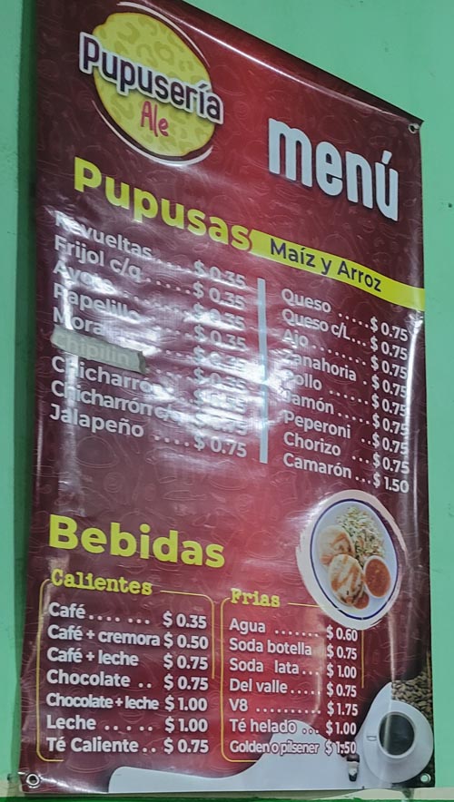 Menu, Pupusería Ale, Concepción de Ataco, El Salvador, August 8, 2024