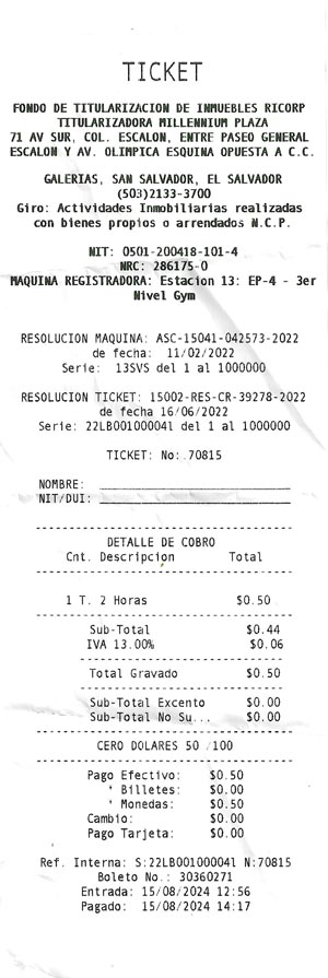 Millennium Plaza Parking Receipt, Centro Comercial Galerias, San Salvador, El Salvador, August 15, 2024