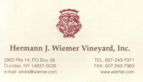 Business Card, Hermann J. Wiemer Vineyard, 3962 Route 14, Dundee, New York, July 15, 2006