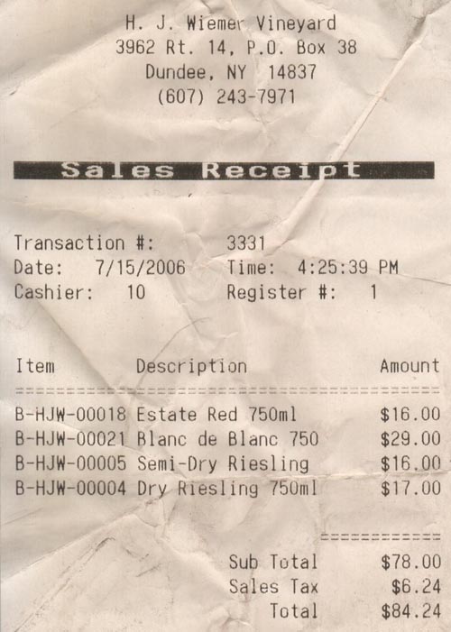 Receipt, Hermann J. Wiemer Vineyard, 3962 Route 14, Dundee, New York, July 15, 2006