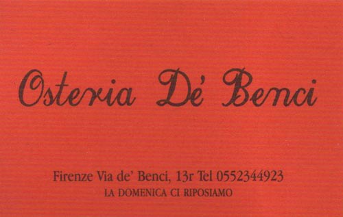 Business Card, Osteria de' Benci, Via de' Benci, 13/r, Florence, Tuscany, Italy