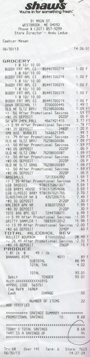 Receipt, Shaw's Supermarket, 17 Main Street, Westbrook, Maine