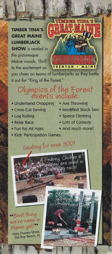 Timber Tina's Great Maine Lumberjack Show Brochure, Trenton, Maine