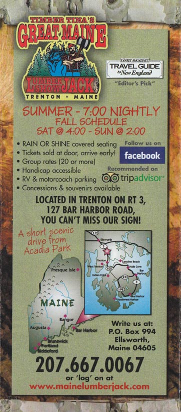 Timber Tina's Great Maine Lumberjack Show Brochure, Trenton, Maine