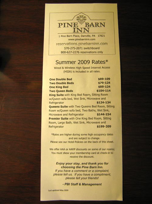 Summer 2009 Rates, Room 252, Pine Barn Inn, 1 Pine Barn Place, Danville, Pennsylvania