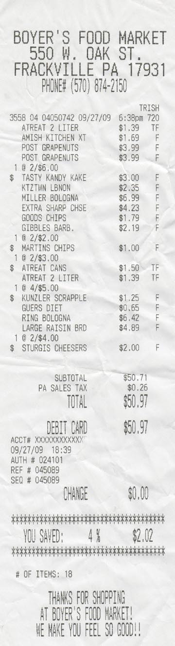 Receipt, Boyer's Food Market, 550 West Oak Street, Frackville, Pennsylvania