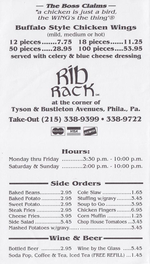 Menu, Rib Rack, 2100 Tyson Avenue, Northeast Philadelphia, Philadelphia, Pennsylvania