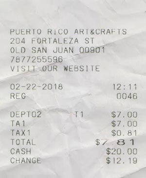 Receipt, Puerto Rico Art & Crafts, 204 Fortaleza St, Old San Juan, Puerto Rico