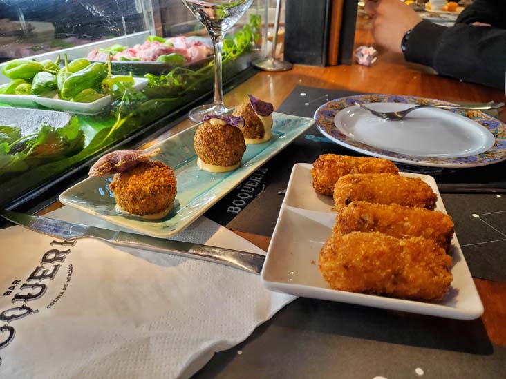 Octopus Meatballs and Croquettes, Bar Boqueria, Mercat de la Boqueria, Barcelona, Spain, April 27, 2024