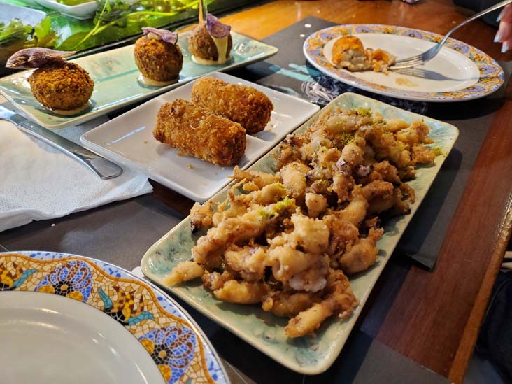 Octopus Meatballs, Croquettes and Fried Squid, Bar Boqueria, Mercat de la Boqueria, Barcelona, Spain, April 27, 2024