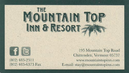 Business Card, The Mountain Top Inn & Resort, 195 Mountain Top Road, Chittenden, Vermont