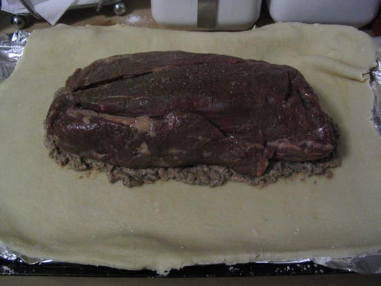 Beef Wellington -- Putting It All Together: Dough, Meat and Pate-Mushroom Mixture