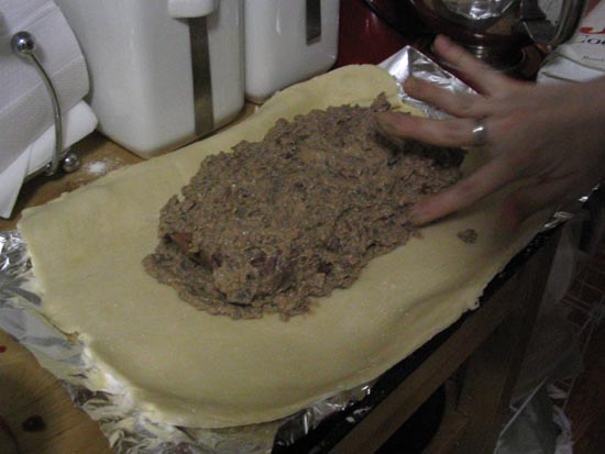 Beef Wellington -- Putting It All Together: Dough, Meat and Pate-Mushroom Mixture